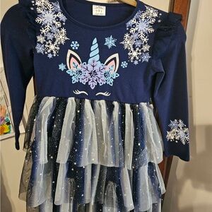Navy Unicorn Dress with Snowflake Design